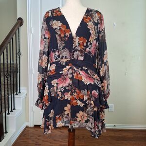 NICHOLAS 100% Silk Floral Pintuck Tiered Mini Dress 16 Ruffle Navy Wedding Guest